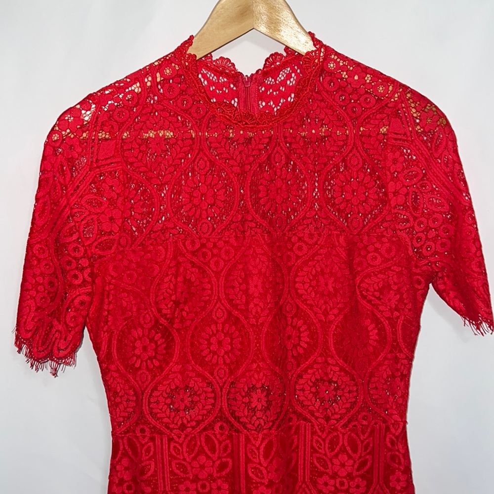 Women’s long red lace dress, worn one time for dinner.